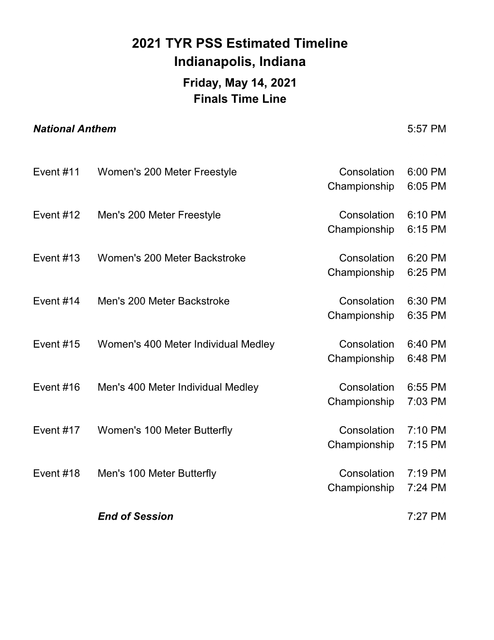 2021 TYR PSS Estimated Timeline Indianapolis, Indiana Friday, May 14, 2021 Finals Time Line