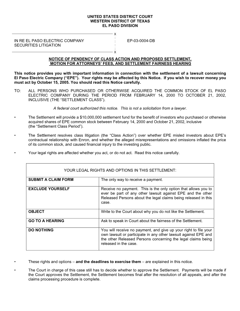 El Paso Electric Company Securities Litigation 03-CV-00004-Notice Of