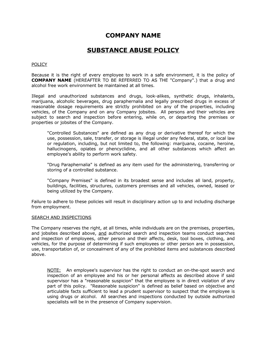 Substance Abuse Policy