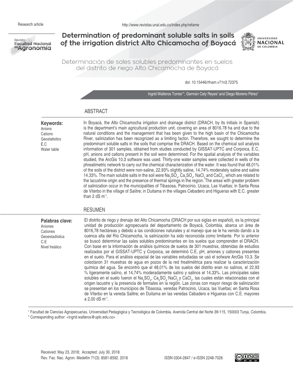 Determination of Predominant Soluble Salts in Soils of the Irrigation District Alto Chicamocha of Boyacá