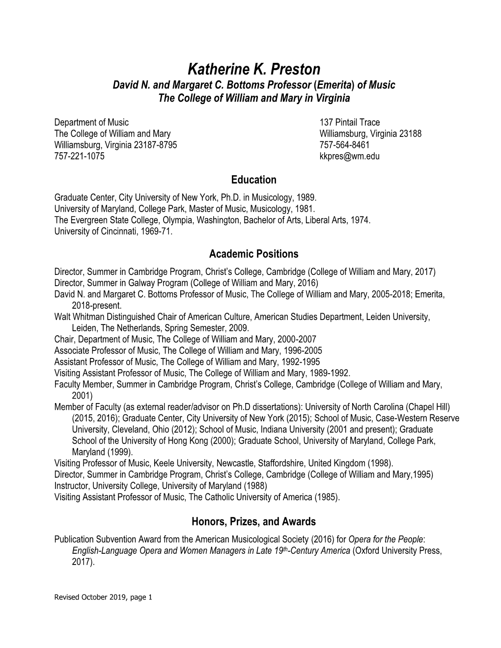 Curriculum Vitae: William and Mary Standard Format