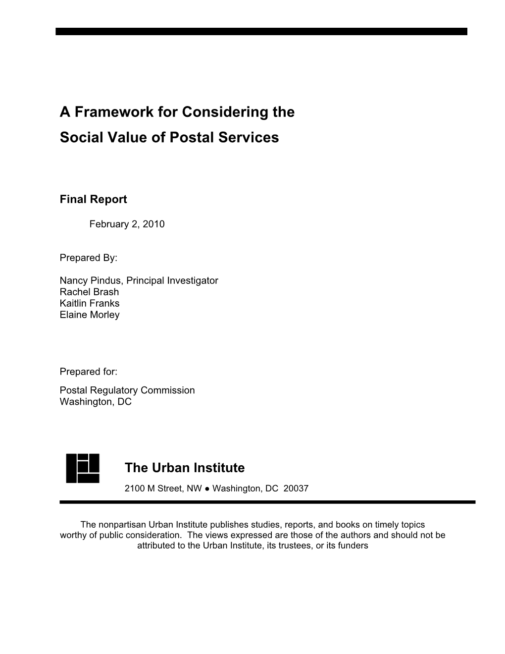 A Framework for Considering the Social Value of Postal Services