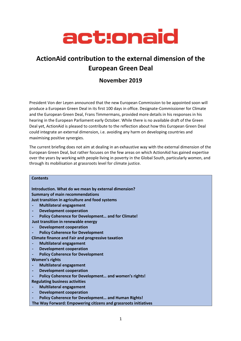 Actionaid Contribution to the External Dimension of the European Green Deal November 2019