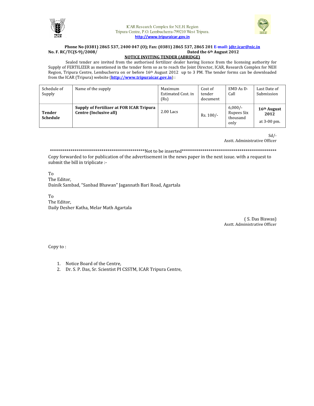Notice Inviting Tender for Purchase of Fertilizer