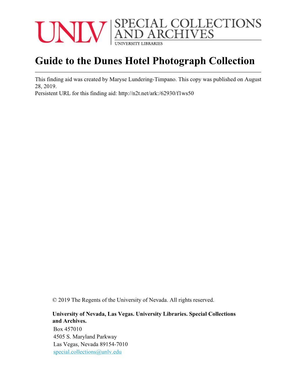 Guide to the Dunes Hotel Photograph Collection