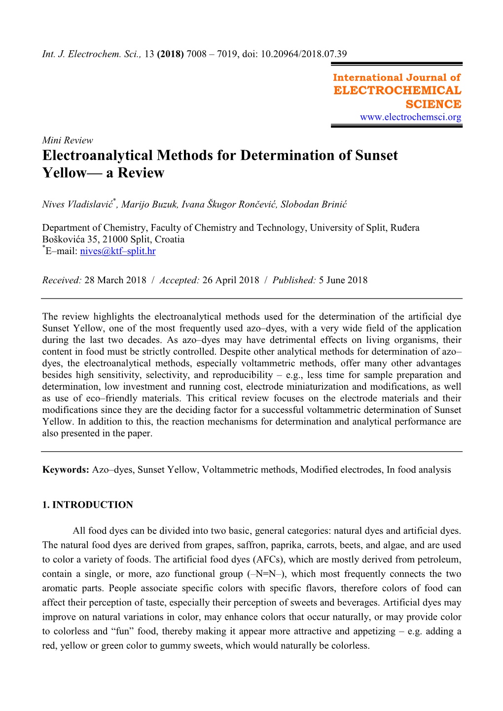 Electroanalytical Methods for Determination of Sunset Yellow— a Review
