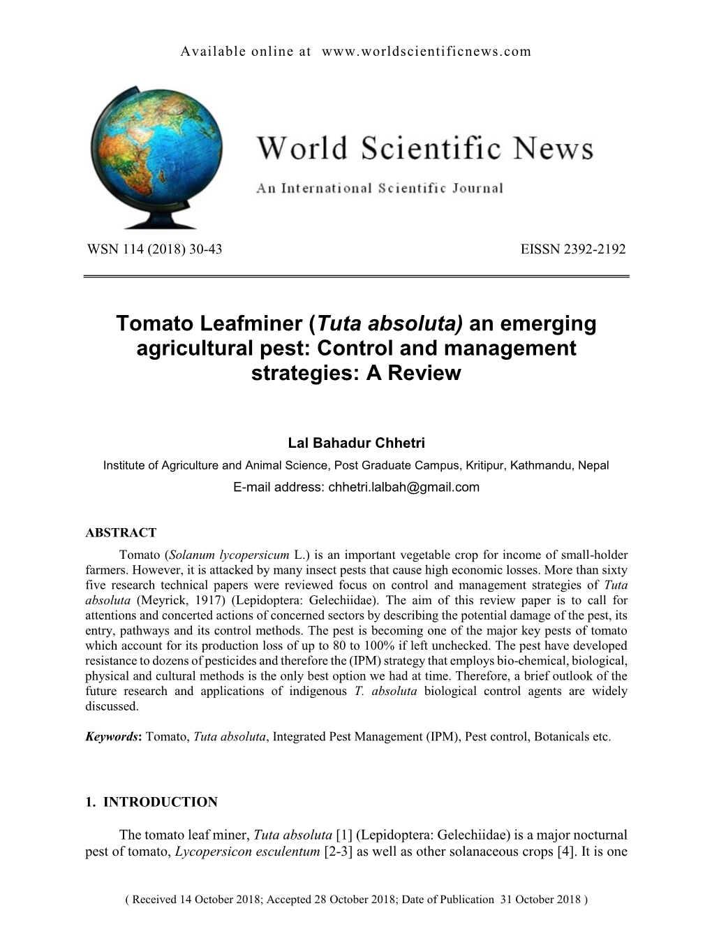 Tomato Leafminer (Tuta Absoluta) an Emerging Agricultural Pest: Control and Management Strategies: a Review