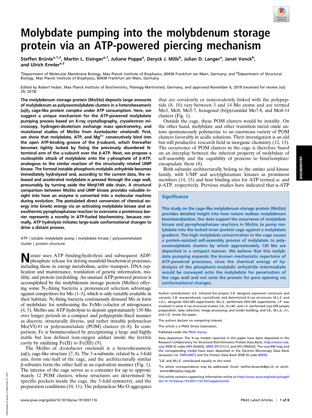 Molybdate Pumping Into the Molybdenum Storage Protein Via an ATP-Powered Piercing Mechanism