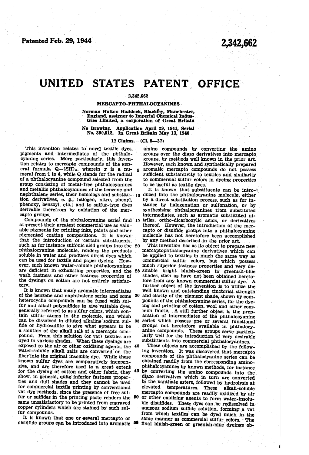 Es PATENT OFFICE 2,342,662 MERCAPTO-Phthalocyanines