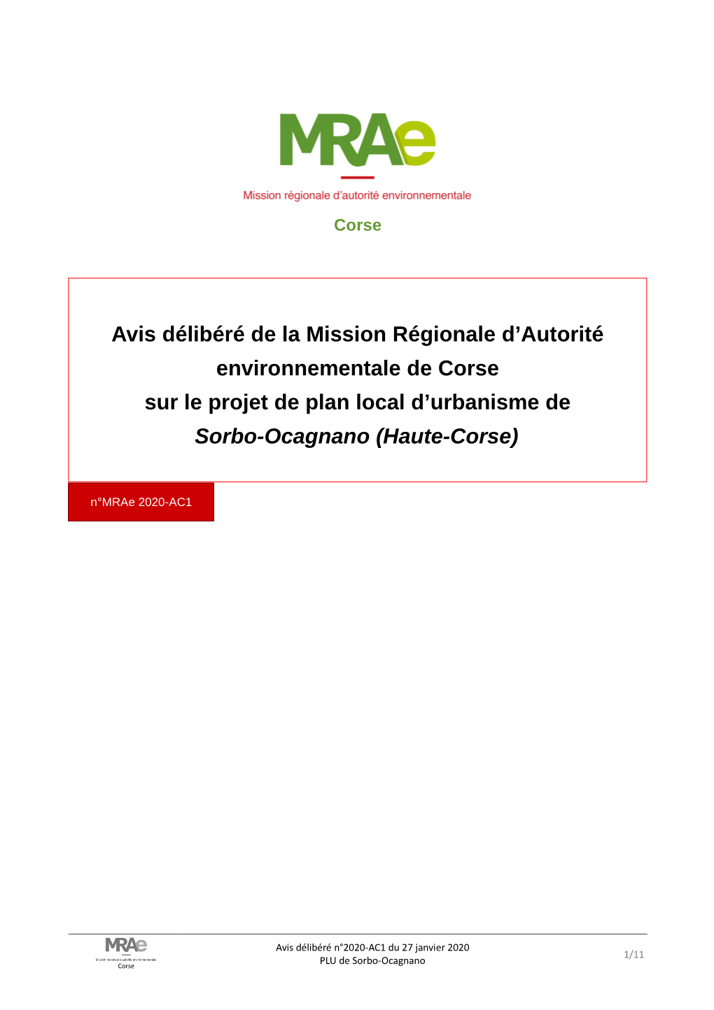 Avis Délibéré De La Mission Régionale D'autorité Environnementale De Corse Sur Le Projet De Plan Local D'urbanisme De S