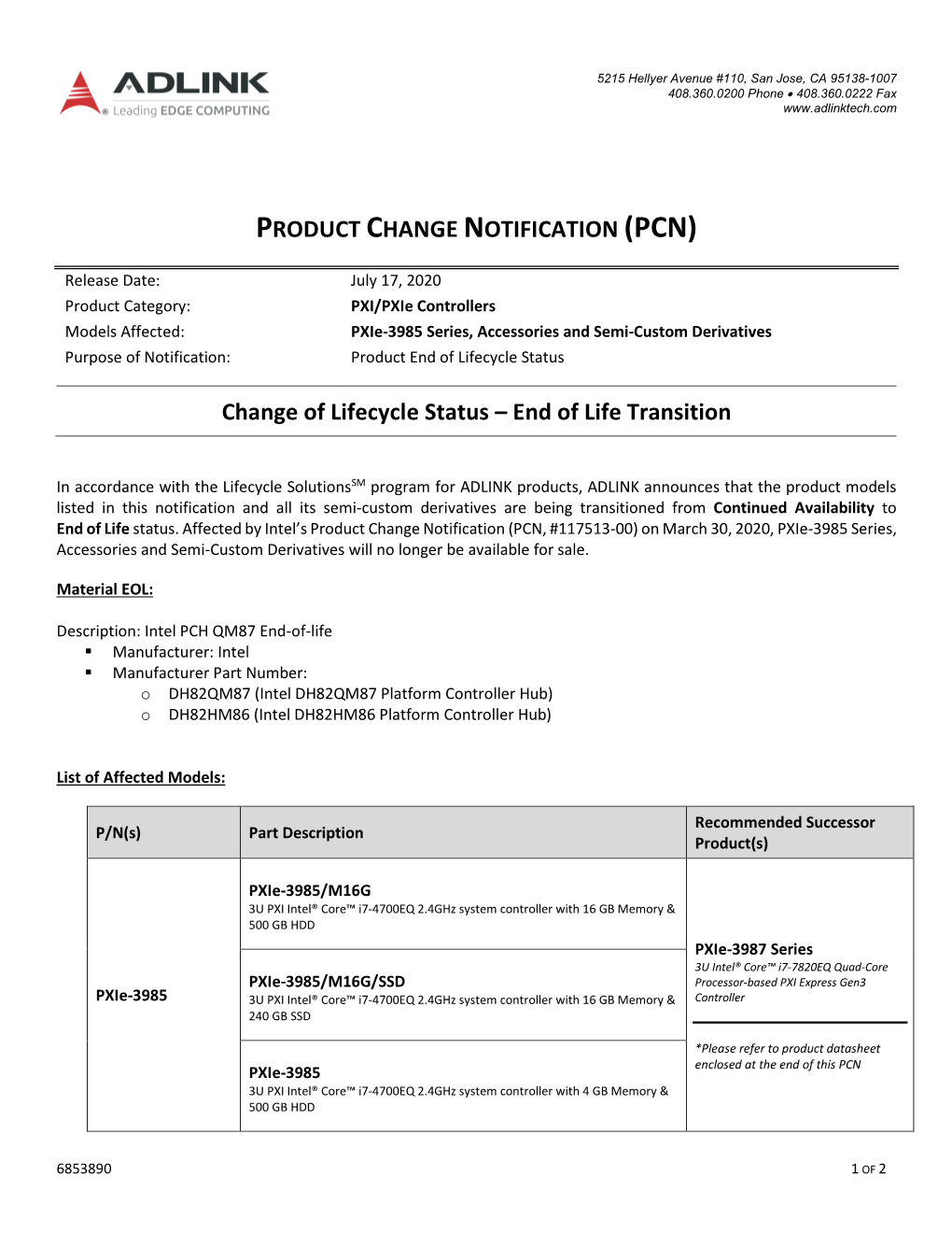 Product Change Notification (Pcn)