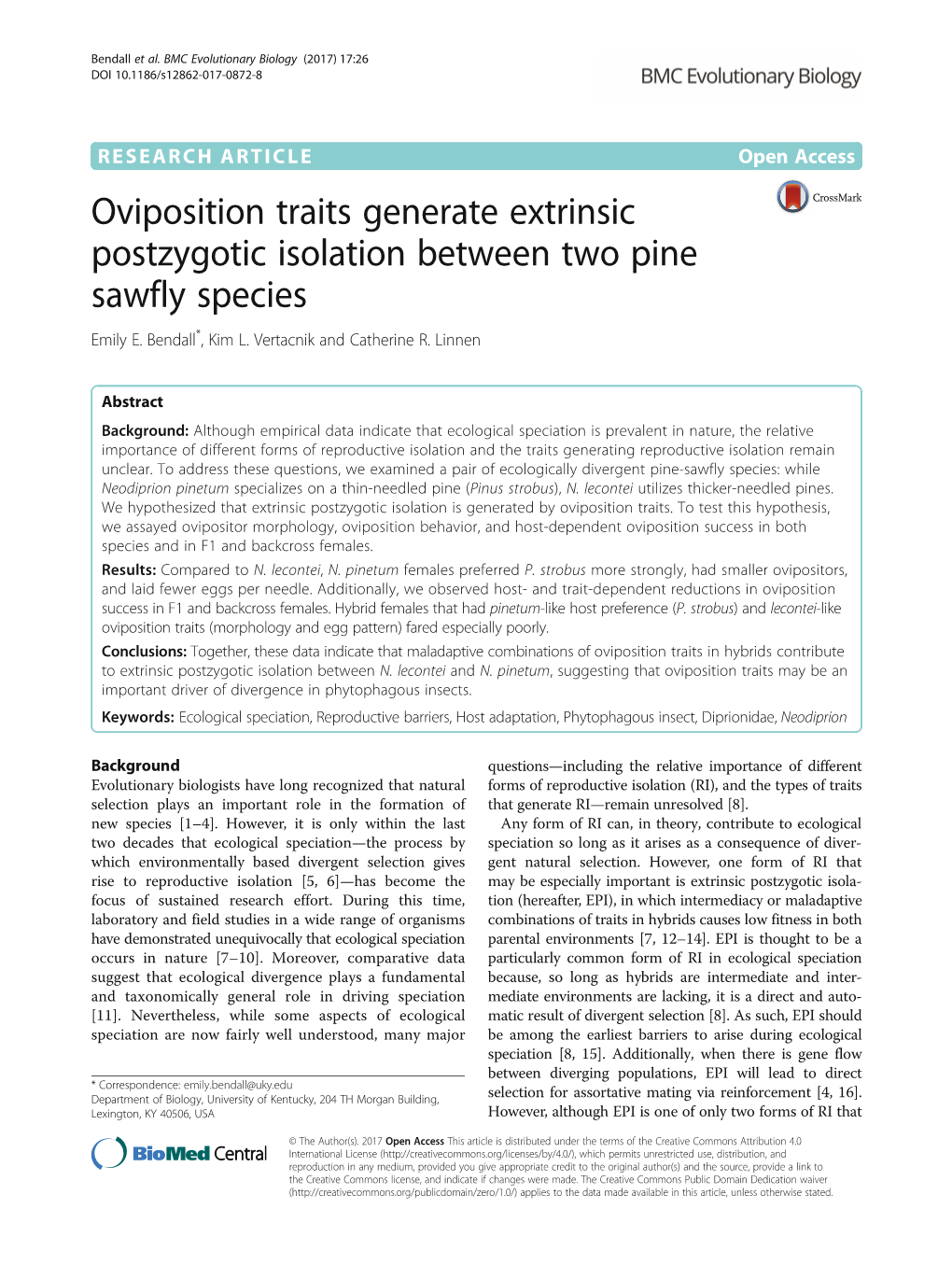 Oviposition Traits Generate Extrinsic Postzygotic Isolation Between Two Pine Sawfly Species Emily E