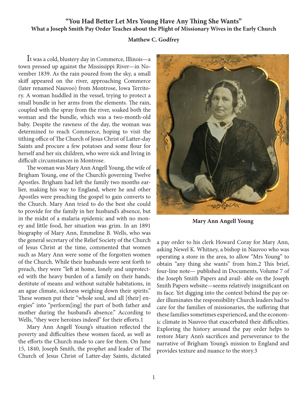 “You Had Better Let Mrs Young Have Any Thing She Wants” What a Joseph Smith Pay Order Teaches About the Plight of Missionary Wives in the Early Church Matthew C