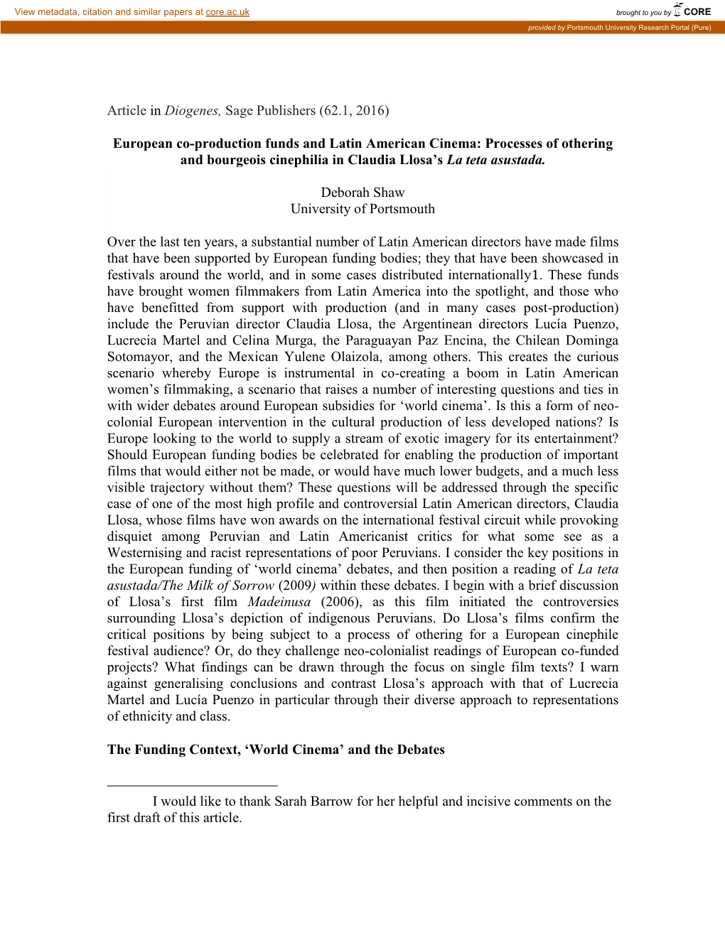 European Co-Production Funds and Latin American Cinema: Processes of Othering and Bourgeois Cinephilia in Claudia Llosa’S La Teta Asustada