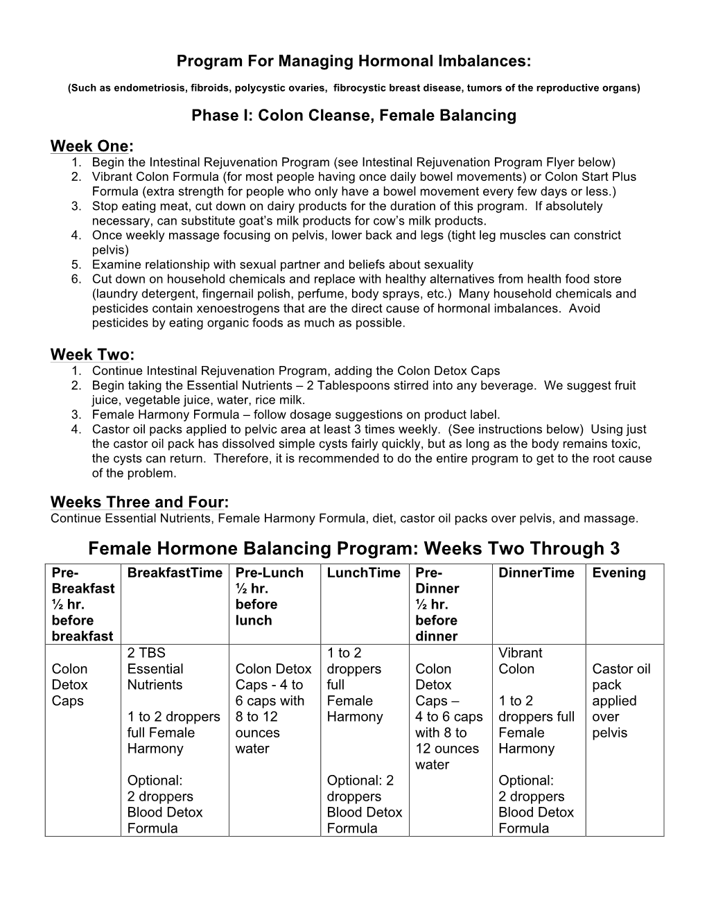 Female Hormone Balancing Program: Weeks Two Through 3