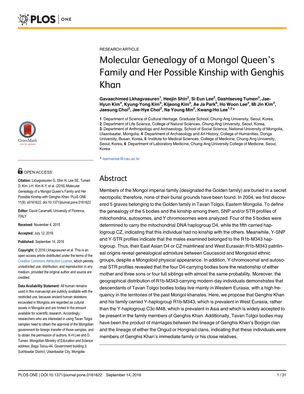 Molecular Genealogy of a Mongol Queen's Family and Her Possible