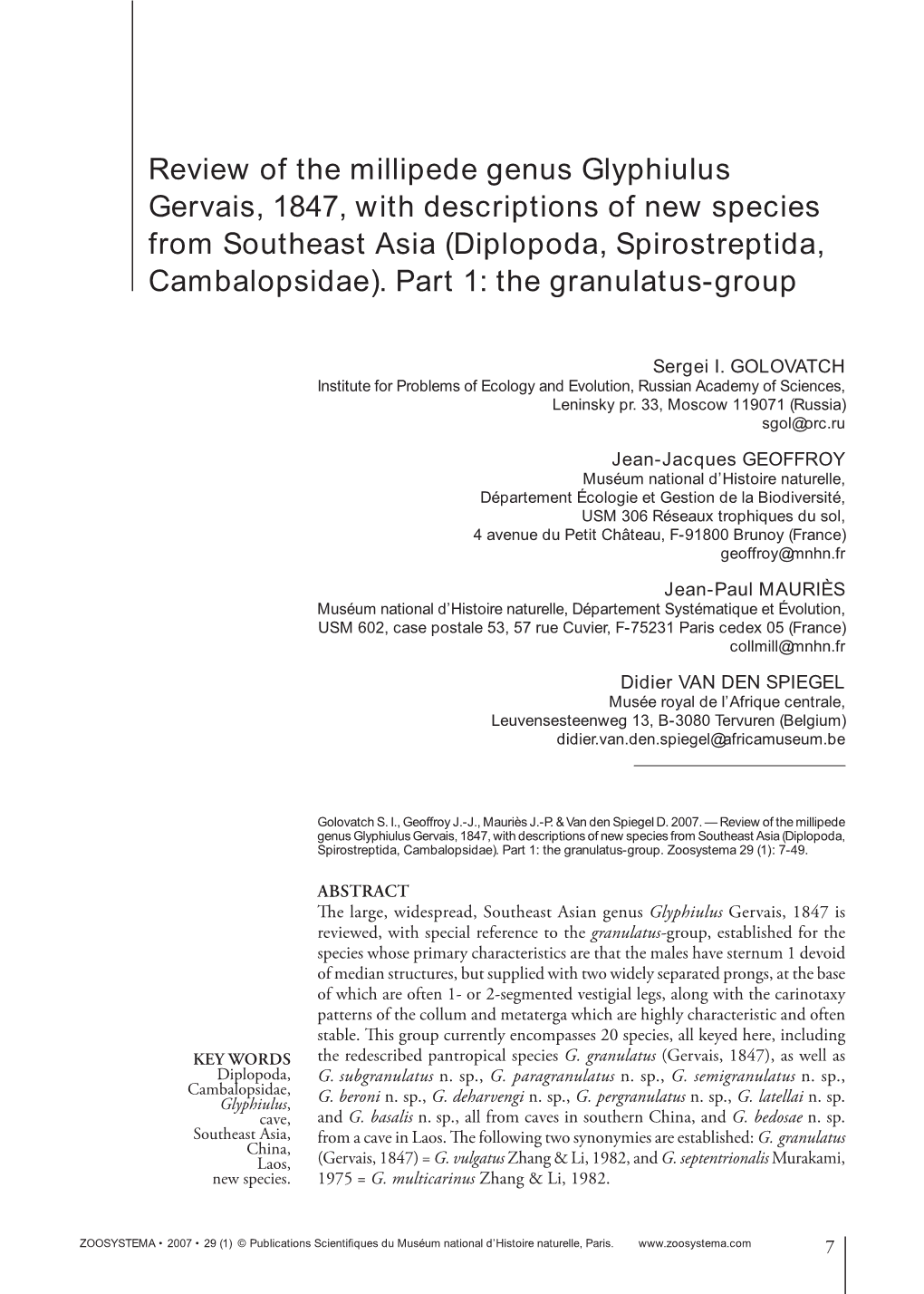 Review of the Millipede Genus Glyphiulus Gervais, 1847, with Descriptions of New Species from Southeast Asia (Diplopoda, Spirostreptida, Cambalopsidae)