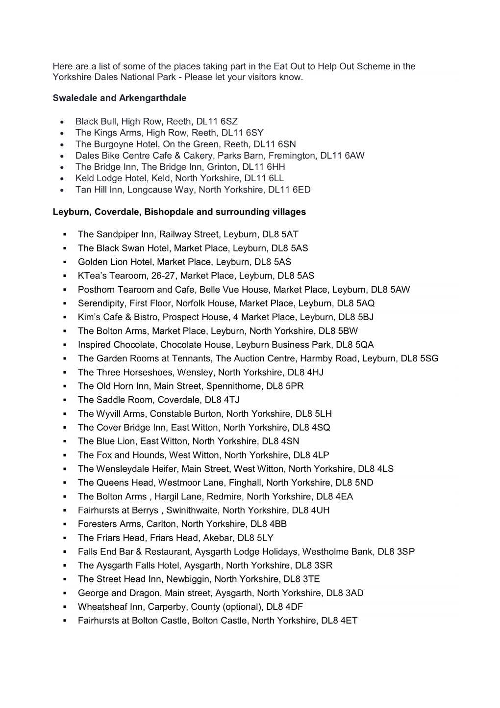 Here Are a List of Some of the Places Taking Part in the Eat out to Help out Scheme in the Yorkshire Dales National Park - Please Let Your Visitors Know