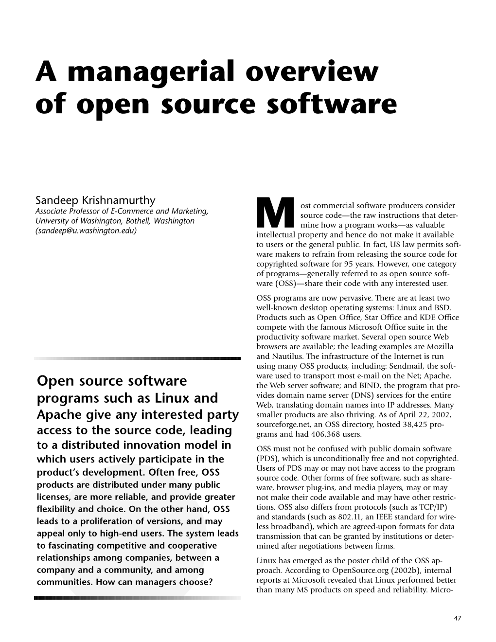 A Managerial Overview of Open Source Software