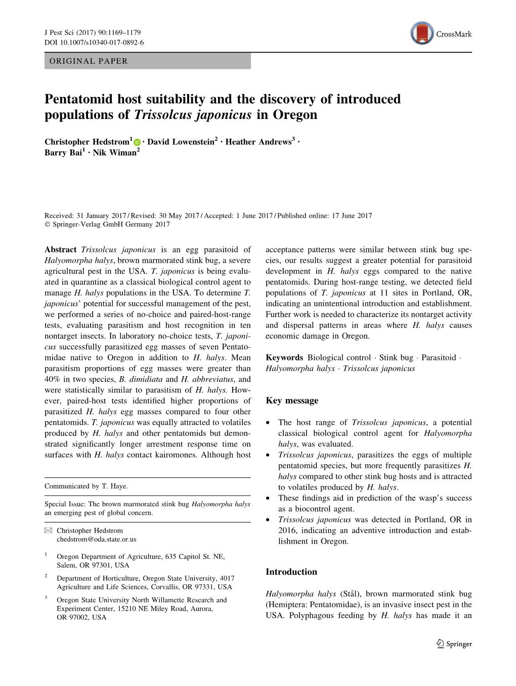 Pentatomid Host Suitability and the Discovery of Introduced Populations of Trissolcus Japonicus in Oregon