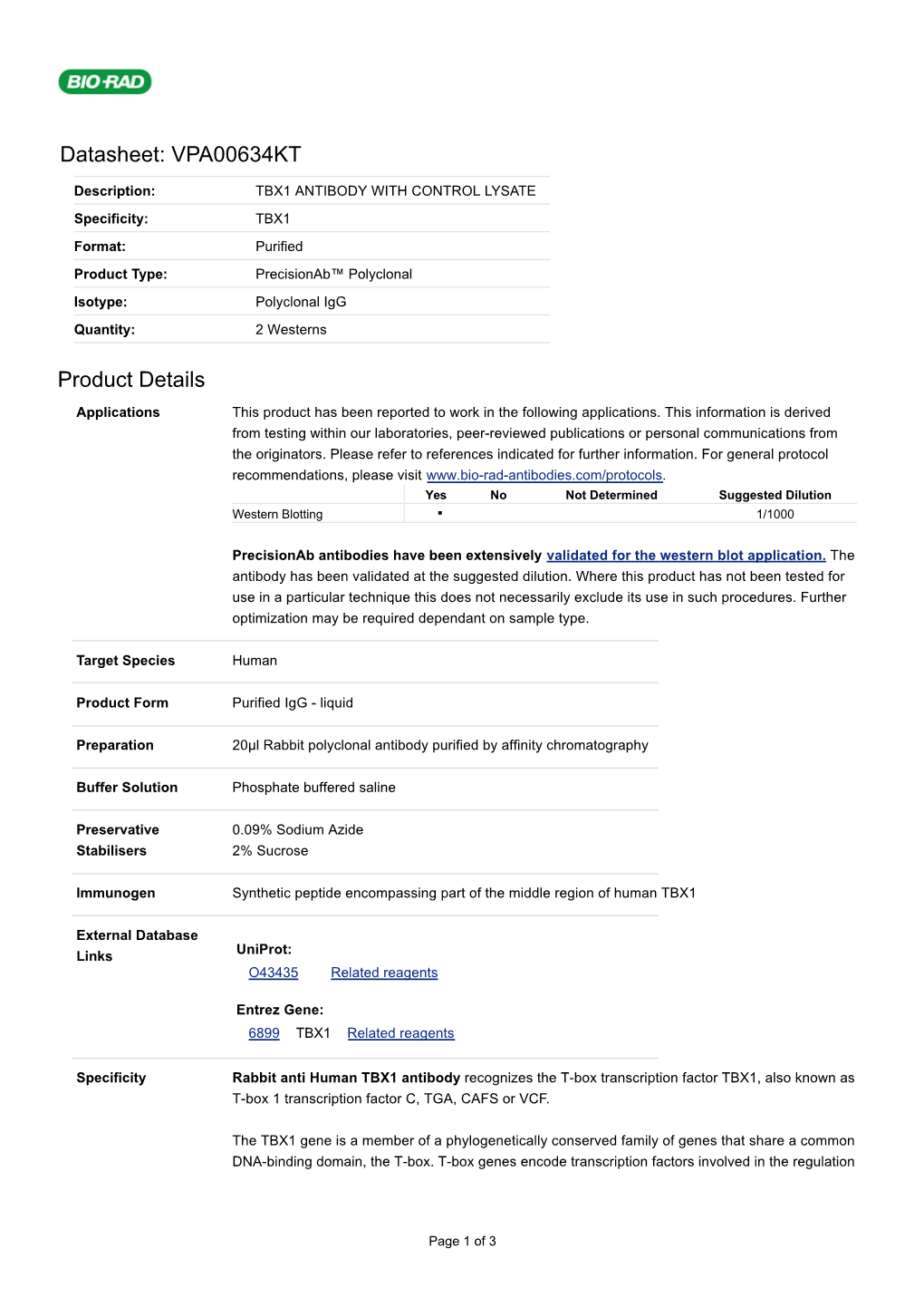 Datasheet: VPA00634KT Product Details