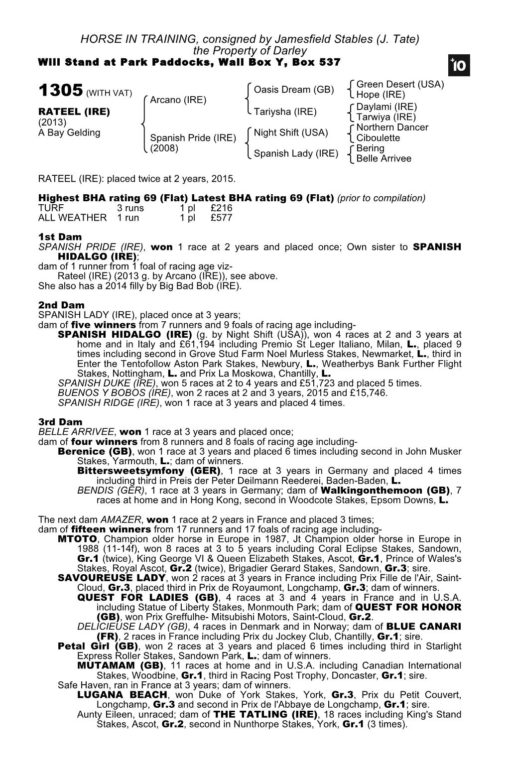 HORSE in TRAINING, Consigned by Jamesfield Stables (J. Tate) the Property of Darley Will Stand at Park Paddocks, Wall Box Y, Box 537