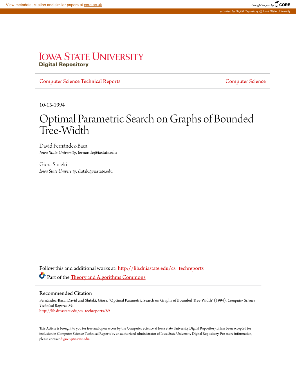 Optimal Parametric Search on Graphs of Bounded Tree-Width David Fernández-Baca Iowa State University, Fernande@Iastate.Edu