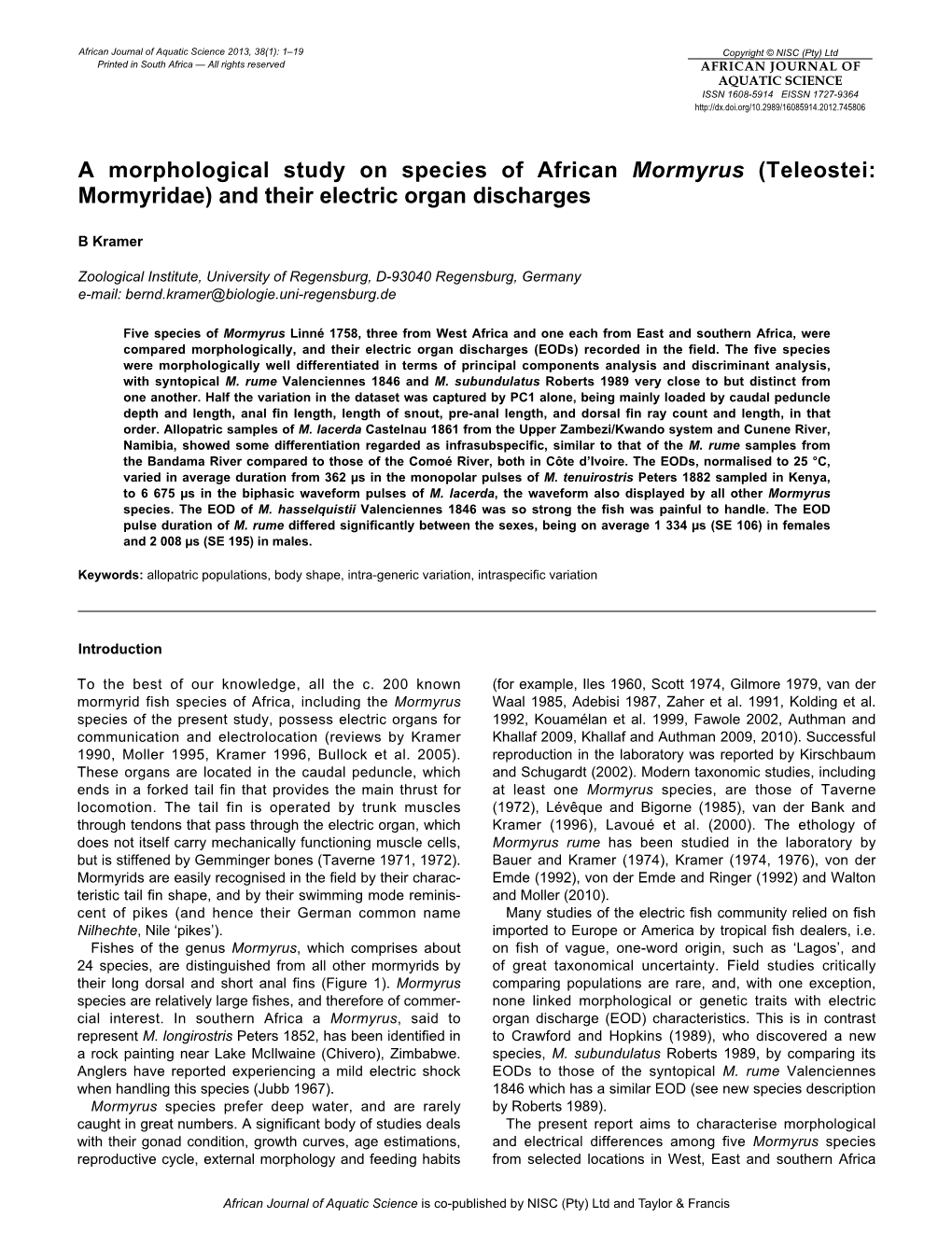 A Morphological Study on Species of African Mormyrus (Teleostei: Mormyridae) and Their Electric Organ Discharges