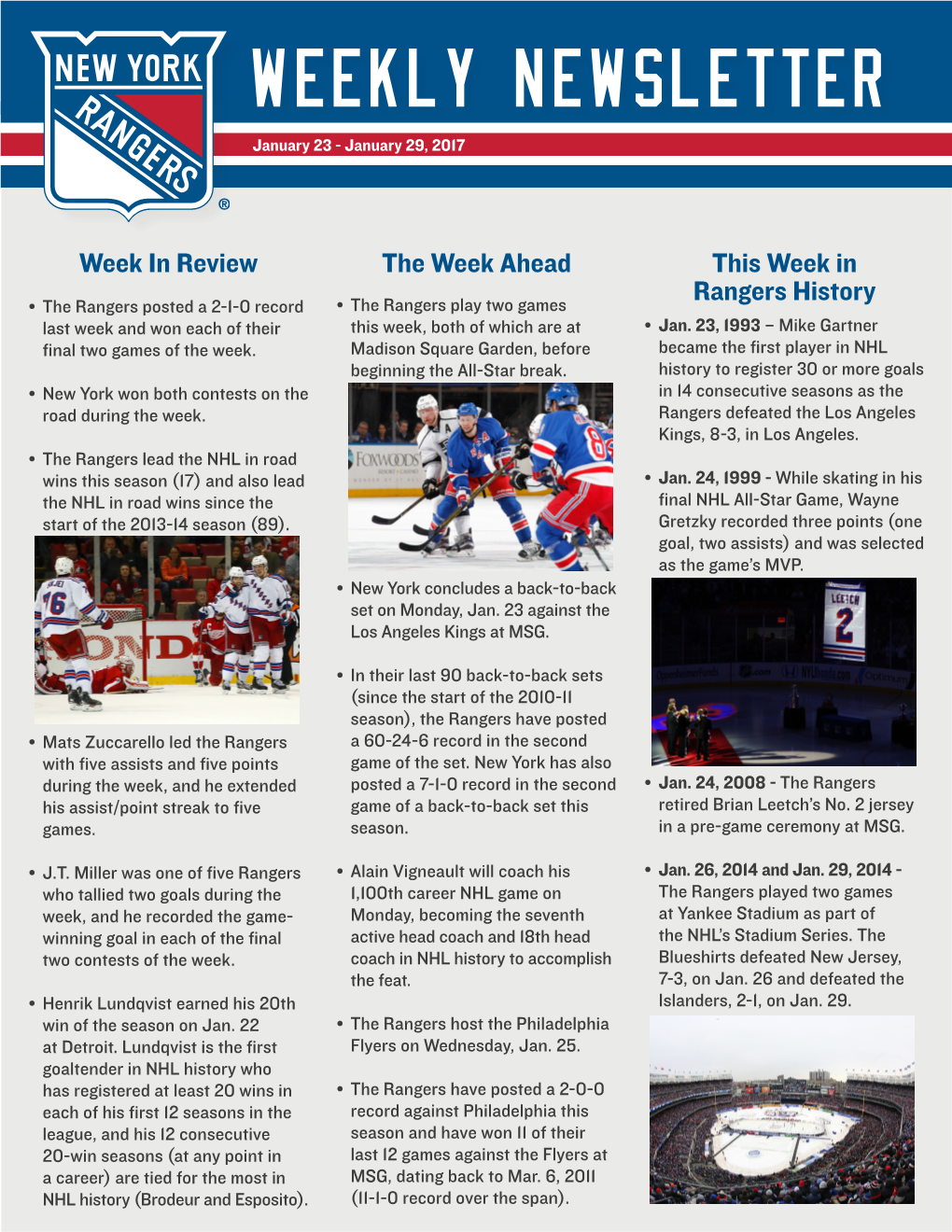 Week in Review the Week Ahead This Week in Rangers History