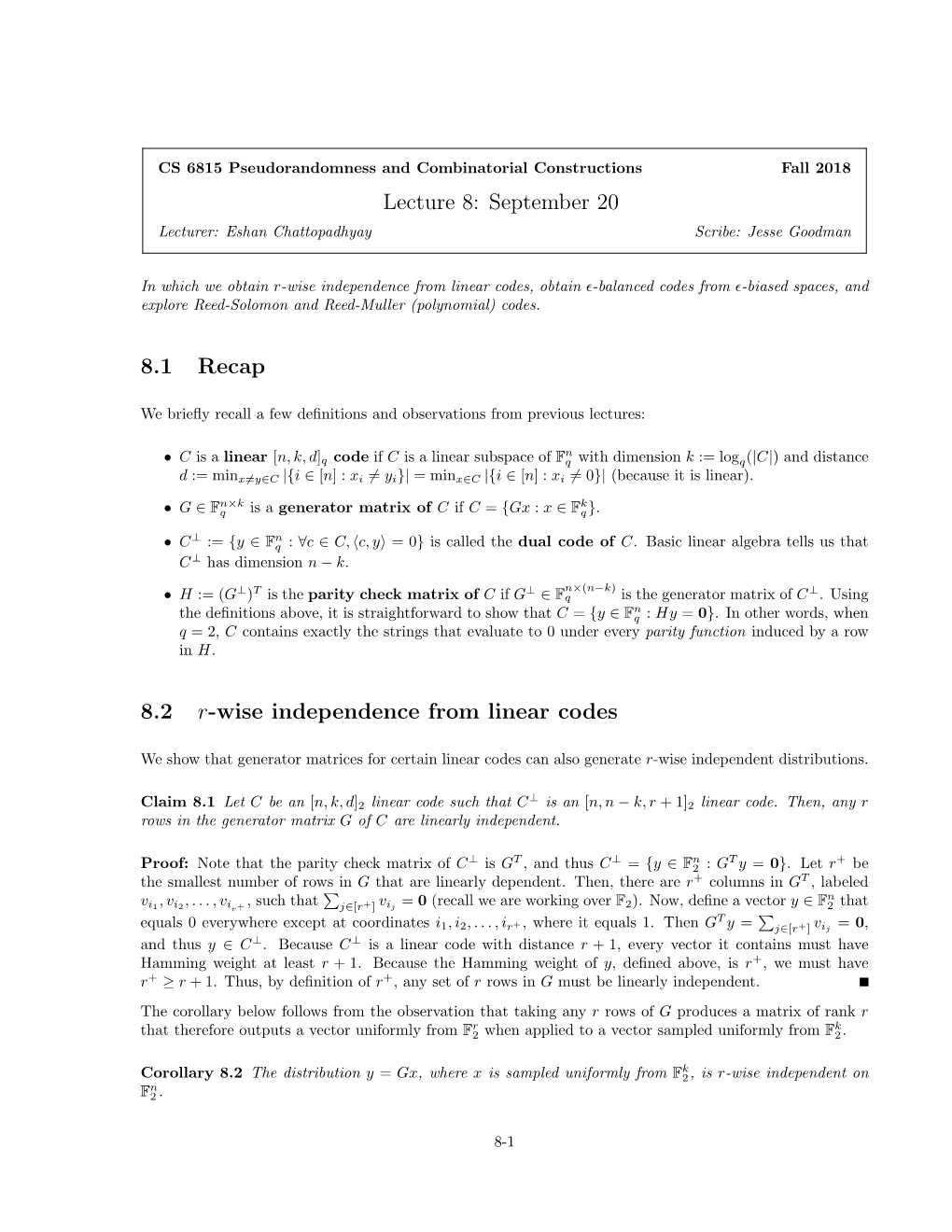 September 20 8.1 Recap 8.2 Г-Wise Independence from Linear Codes