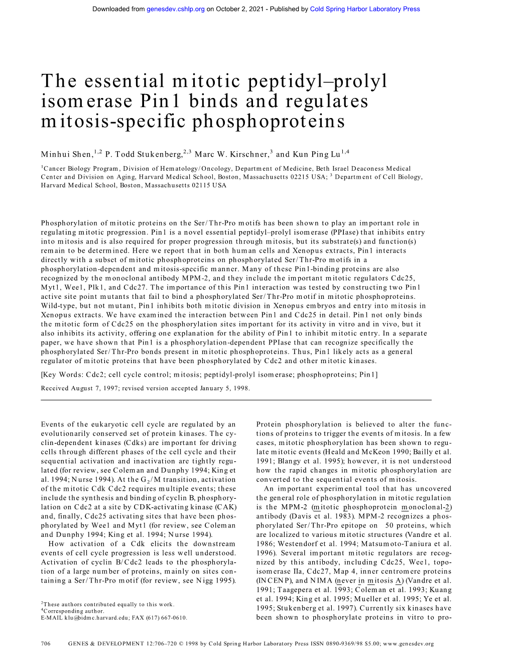 The Essential Mitotic Peptidyl–Prolyl Isomerase Pin1 Binds and Regulates Mitosis-Specific Phosphoproteins