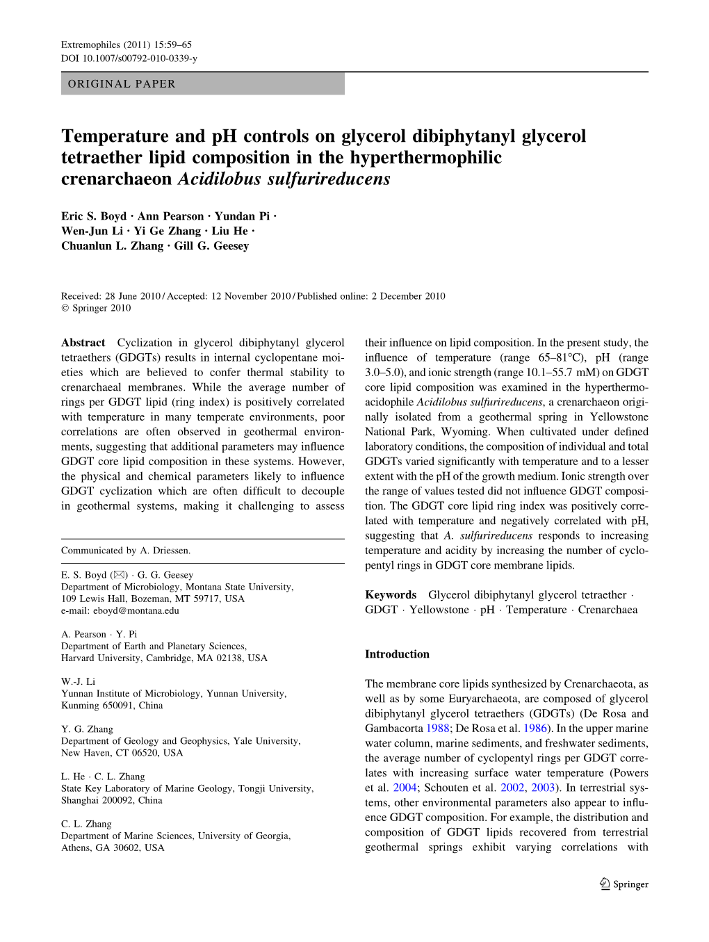 Temperature and Ph Controls on Glycerol Dibiphytanyl Glycerol Tetraether Lipid Composition in the Hyperthermophilic Crenarchaeon Acidilobus Sulfurireducens
