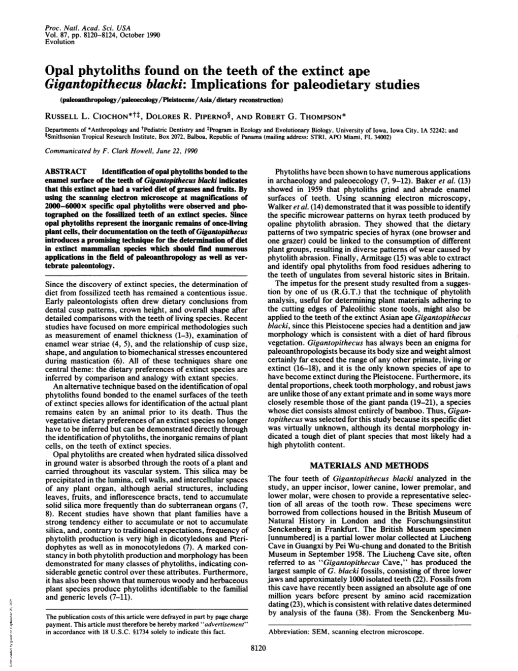 Gigantopithecus Blacki: Implications for Paleodietary Studies (Paleoanthropology/Paleoecology/Pleistocene/Asia/Dietary Reconstruction) RUSSELL L