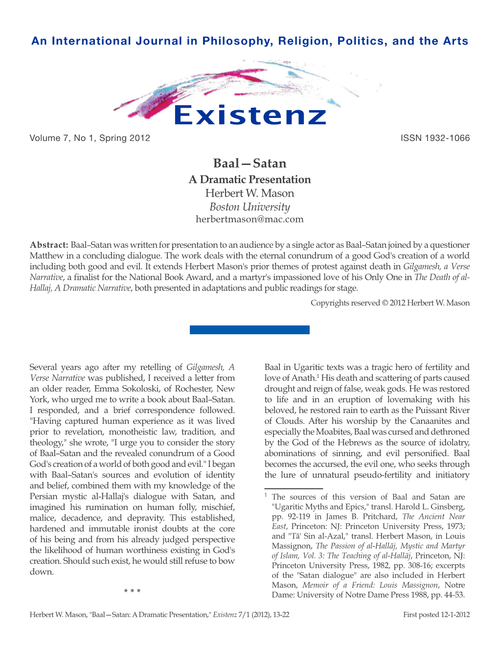 Mason, "Baal—Satan: a Dramatic Presentation," Existenz 7/1 (2012), 13-22 First Posted 12-1-2012 14 Herbert W