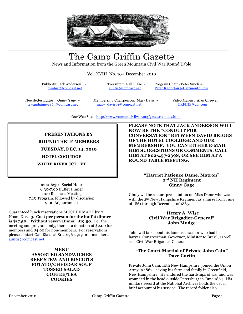 Camp Griffin Gazette News and Information from the Green Mountain Civil War Round Table