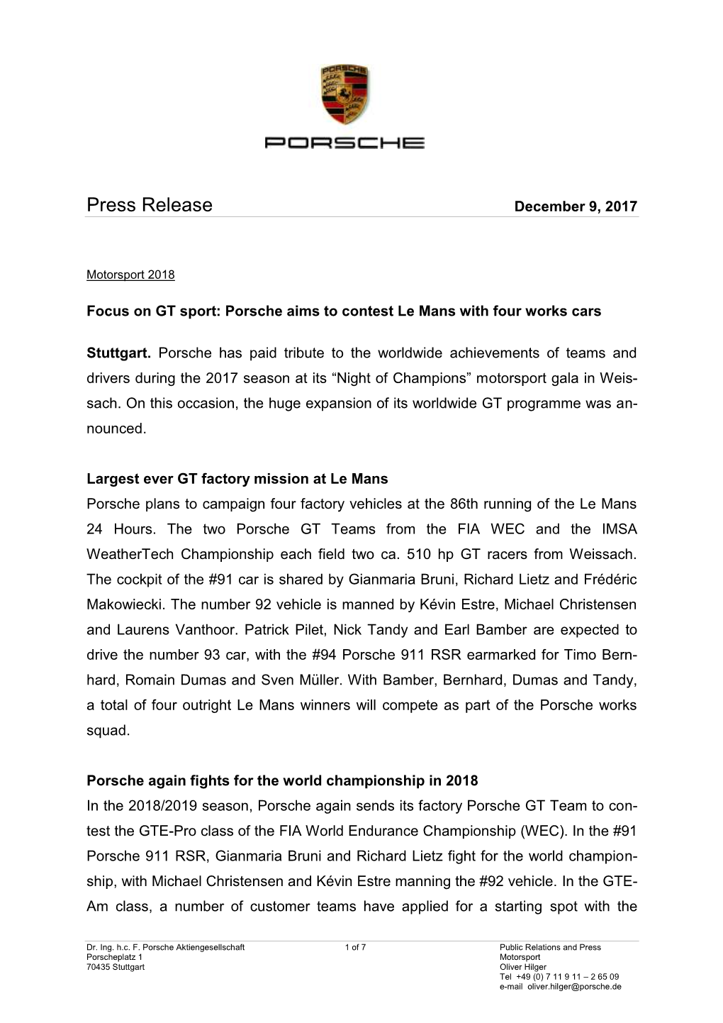 Press Release December 9, 2017