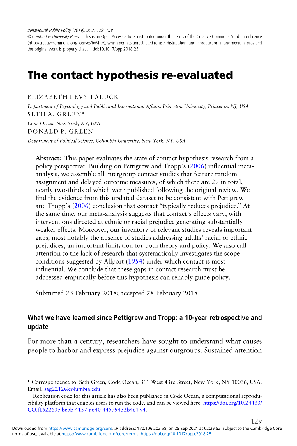 The Contact Hypothesis Re-Evaluated