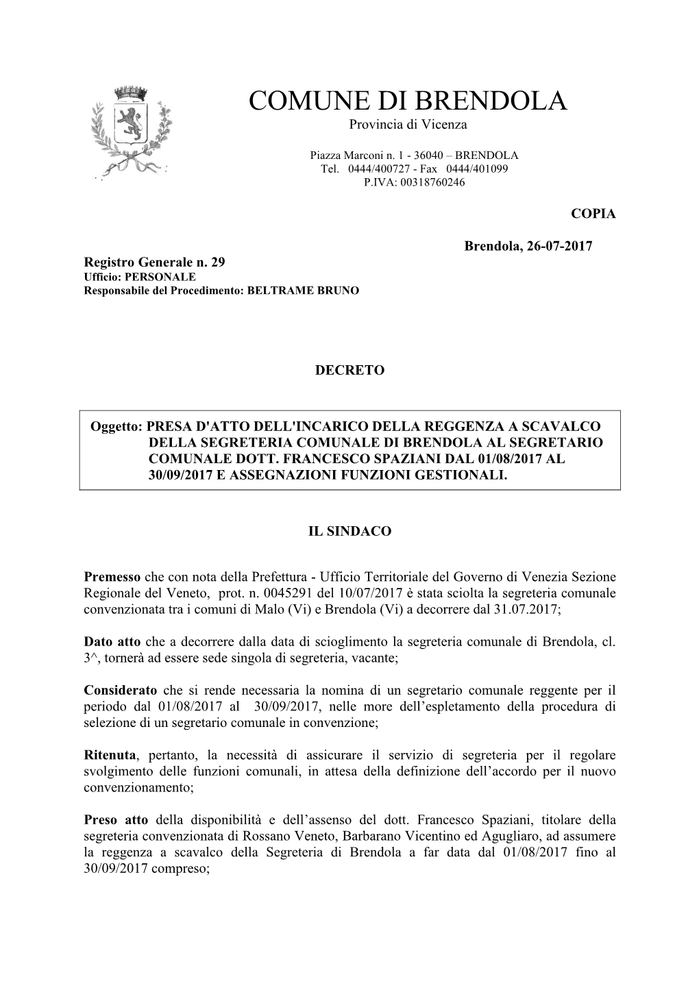 COMUNE DI BRENDOLA Provincia Di Vicenza