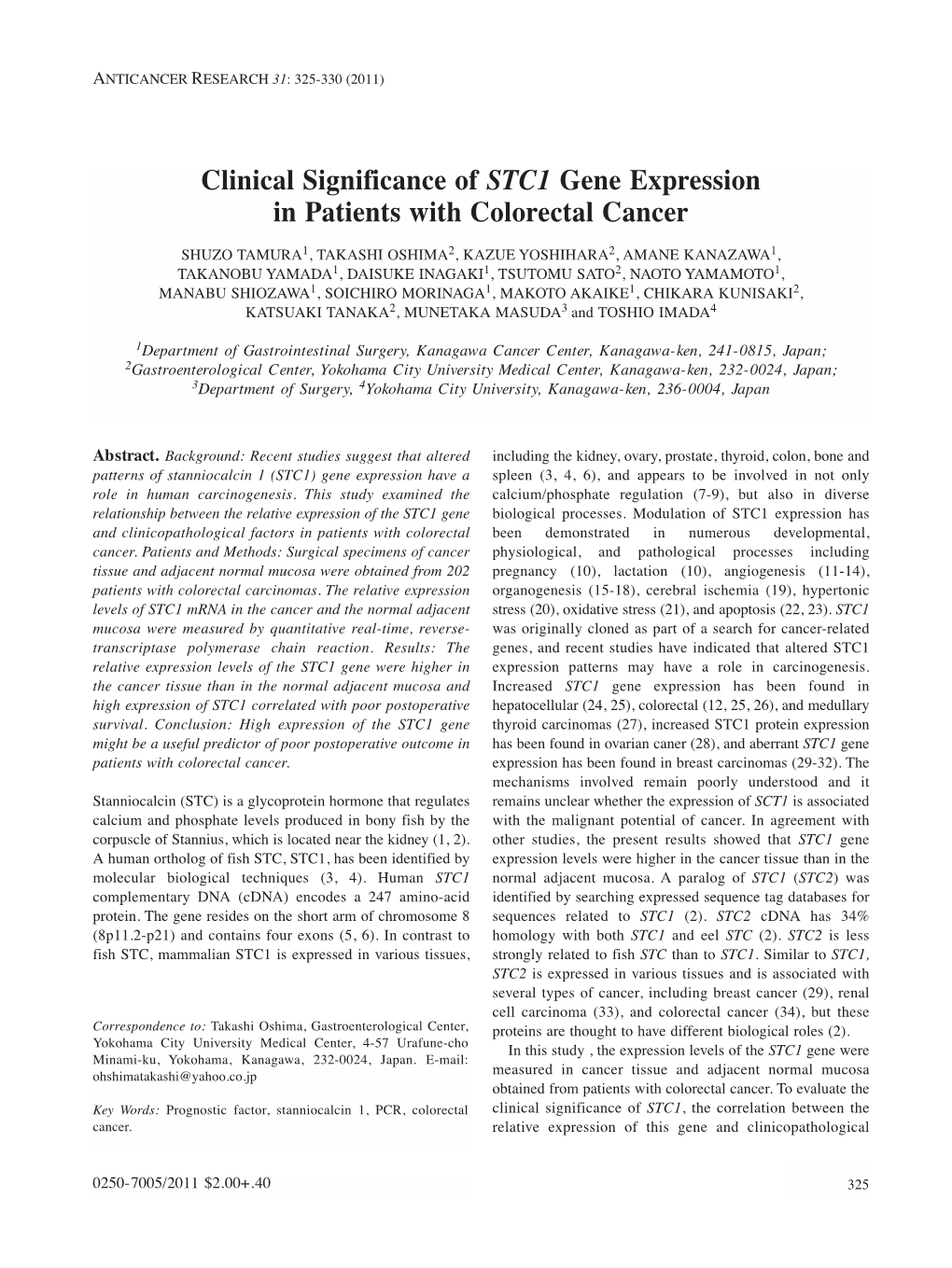 Clinical Significance of STC1 Gene Expression in Patients with Colorectal Cancer