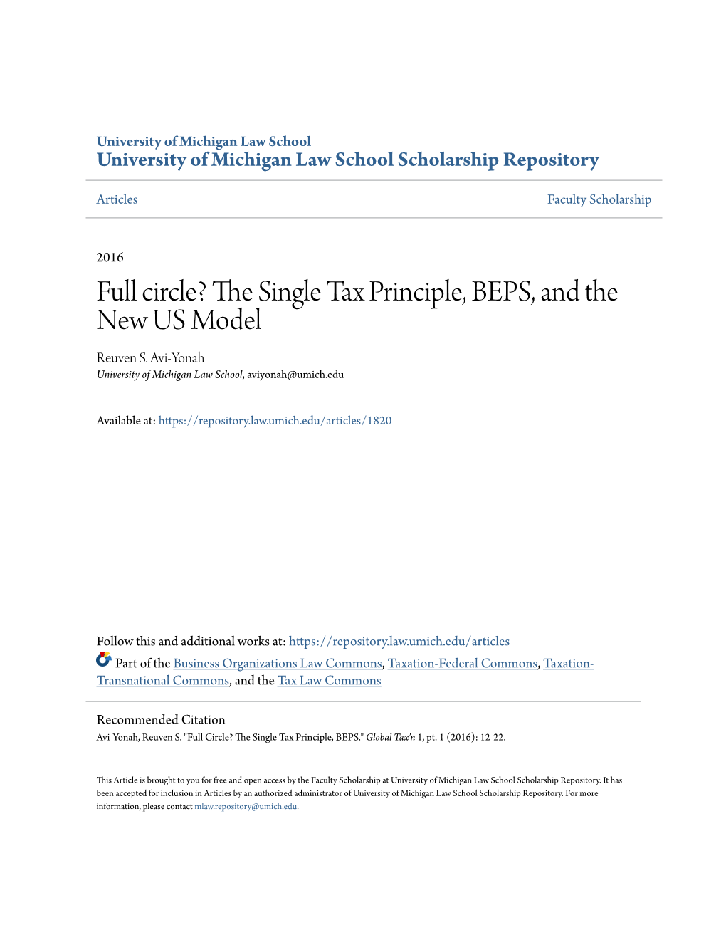 Full Circle? the Single Tax Principle, BEPS, and the New US Model