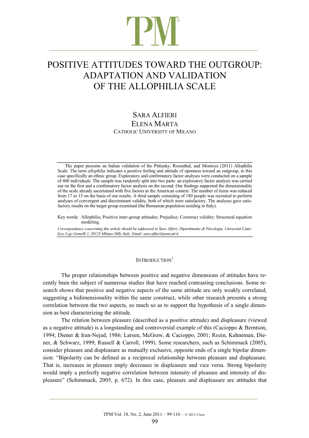 Positive Attitudes Toward the Outgroup: Adaptation and Validation of the Allophilia Scale