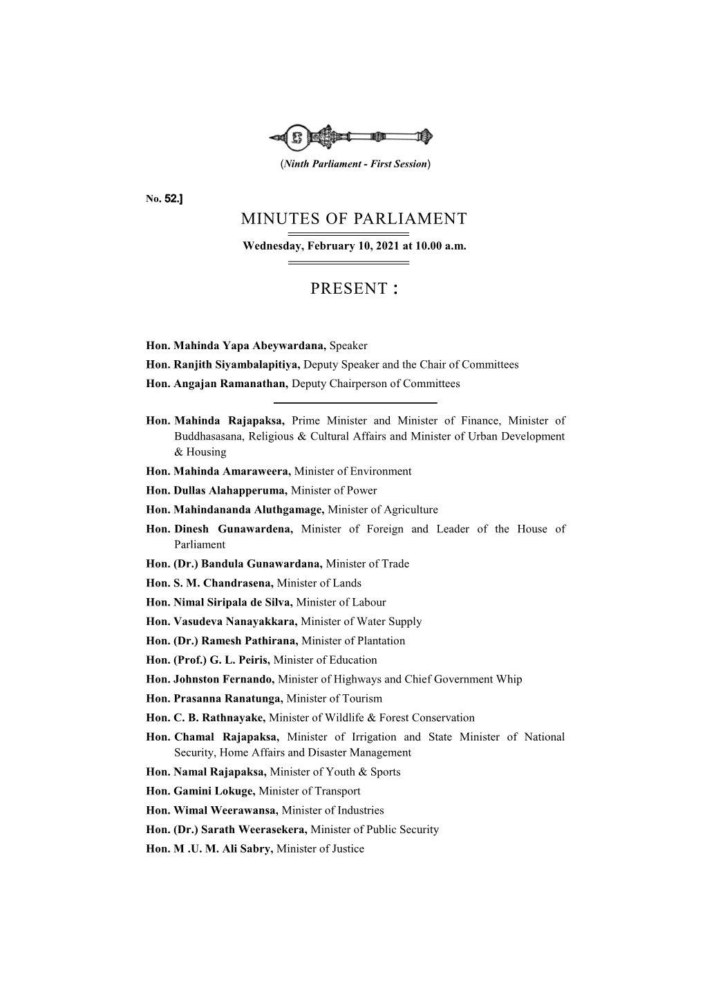 Minutes of Parliament for 10.02.2021