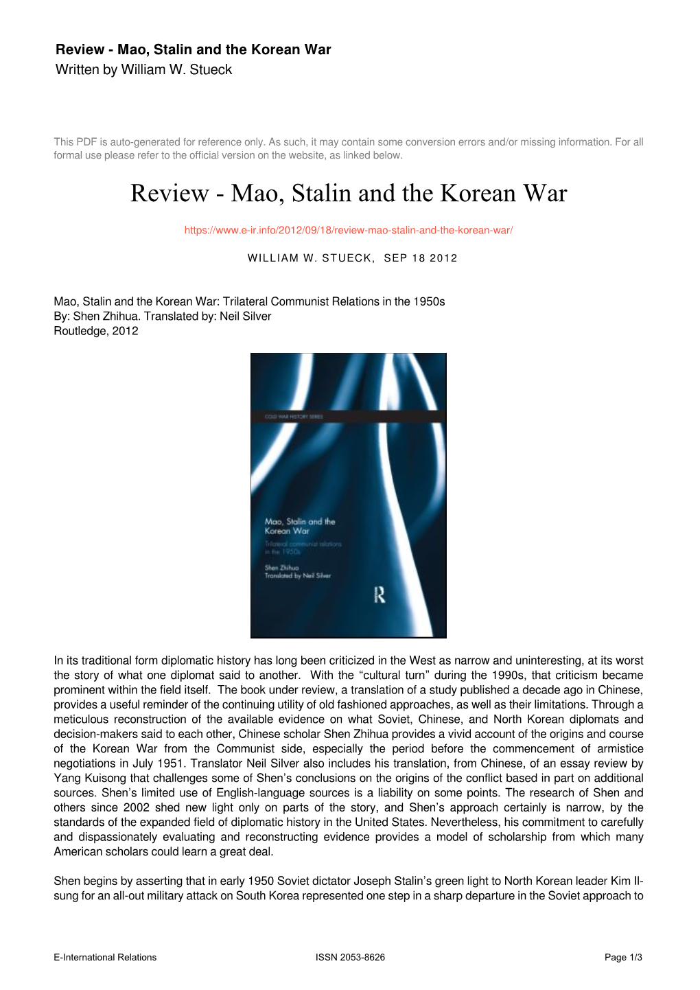 Mao, Stalin and the Korean War Written by William W