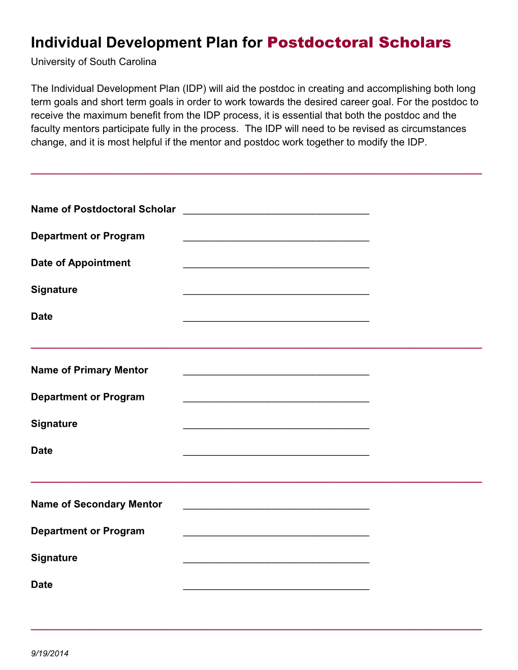 Individual Development Plan for Postdoctoral Scholars