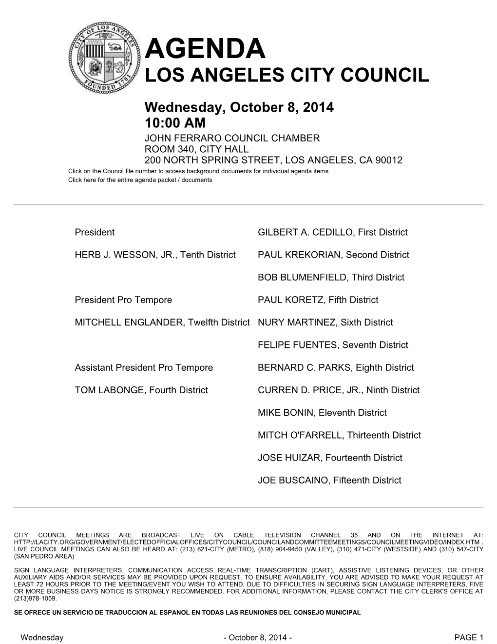 Agenda Los Angeles City Council