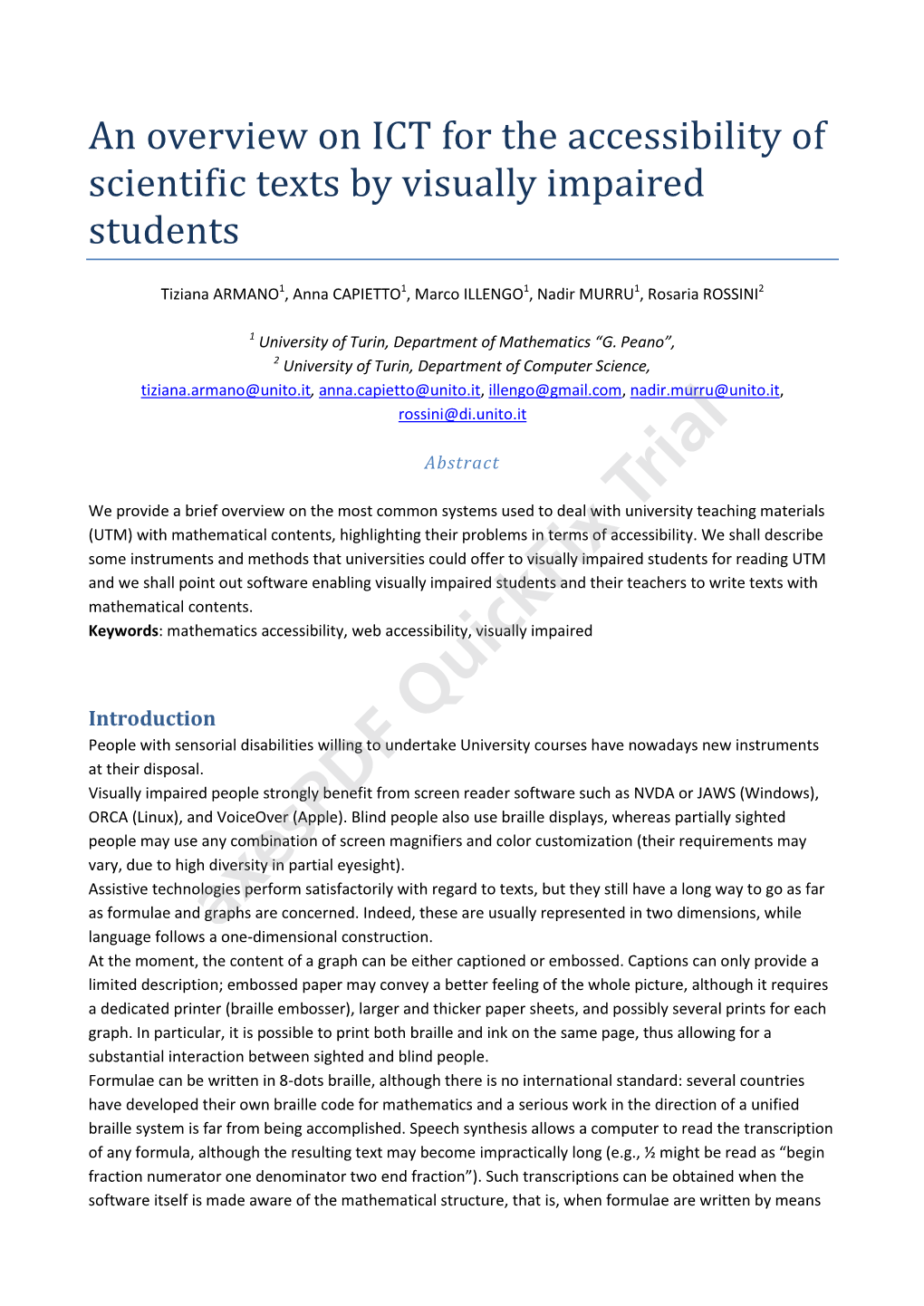 An Overview on ICT for the Accessibility of Scientific Texts by Visually Impaired Students