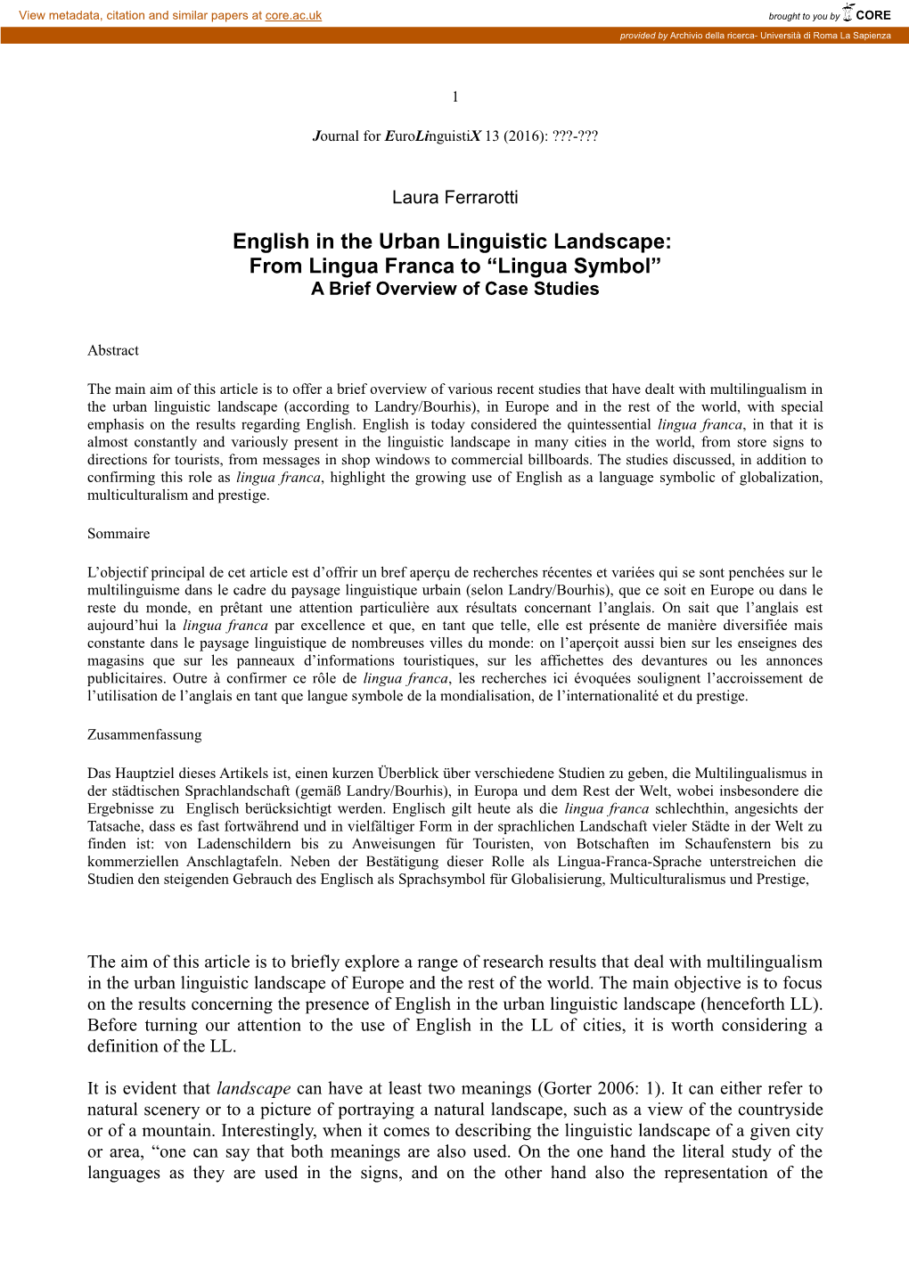 English in the Urban Linguistic Landscape: from Lingua Franca to “Lingua Symbol” a Brief Overview of Case Studies