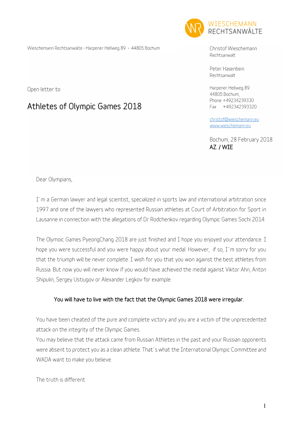 Athletes of Olympic Games 2018 Fax +492342393320