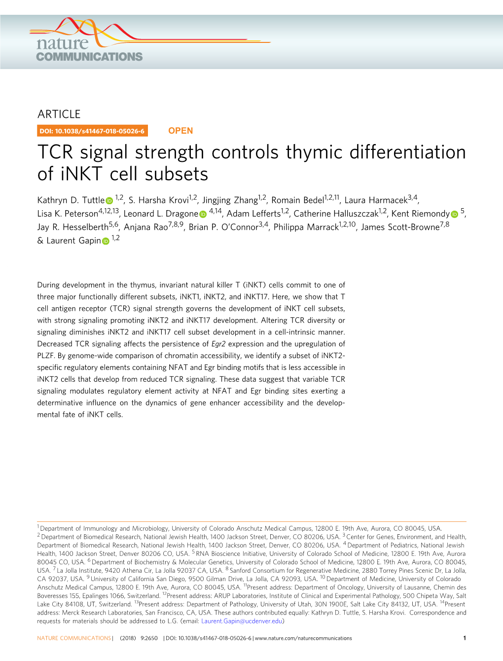 TCR Signal Strength Controls Thymic Differentiation of Inkt Cell Subsets