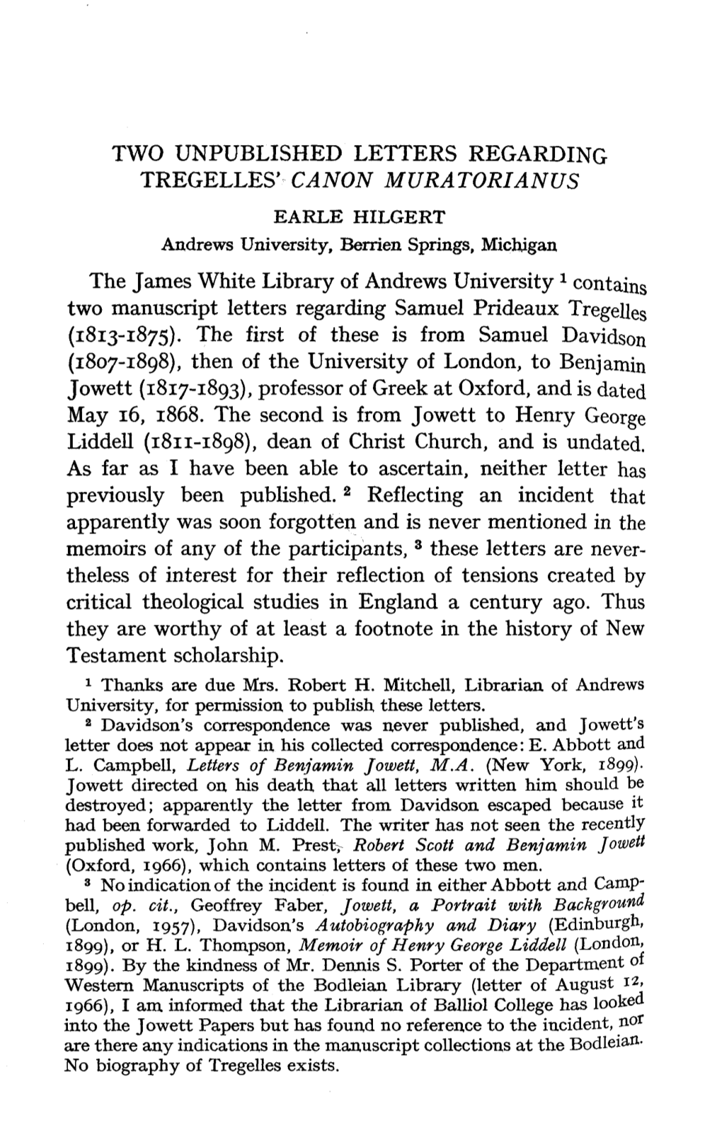 Two Unpublished Letters Regarding Tregelles' "Canon Muratorianus"
